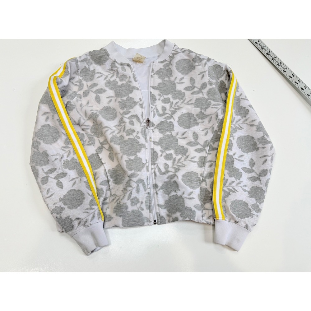 CALIA by Carrie Underwood Floral Bomber Jacket Grey White Yellow Stripe Size M